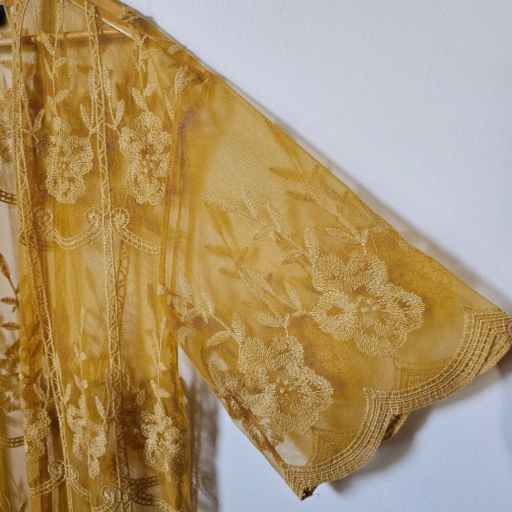 EUC LIKE NEW BLUE RAIN MUSTARD LACE EMBROIDERED BOHO KIMONO TOP SIZE M - Picture 3 of 13